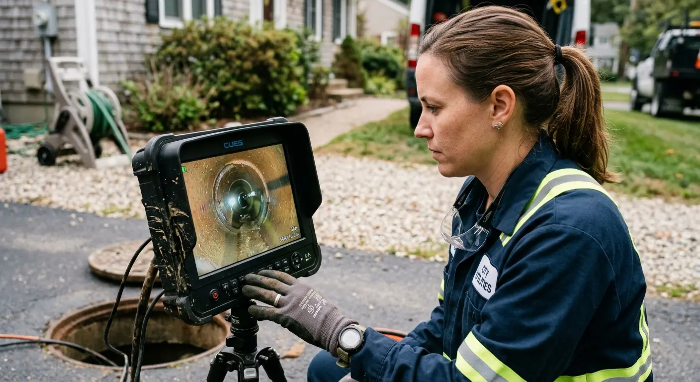 Technician reviewing sewer camera inspection footage in Winooski