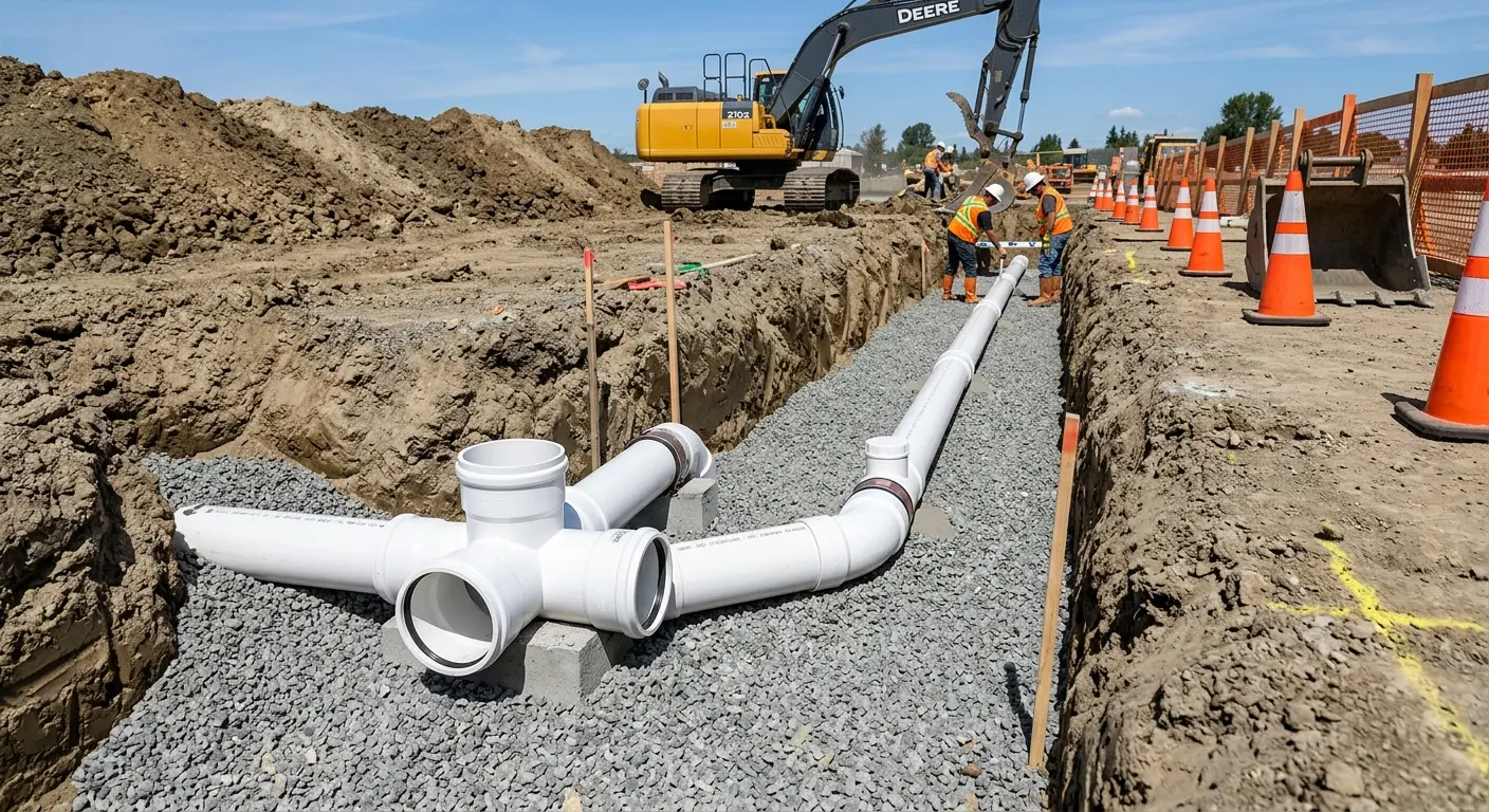 New PVC sewer pipe installation in open trench for Commercial Drain Cleaning in Winooski