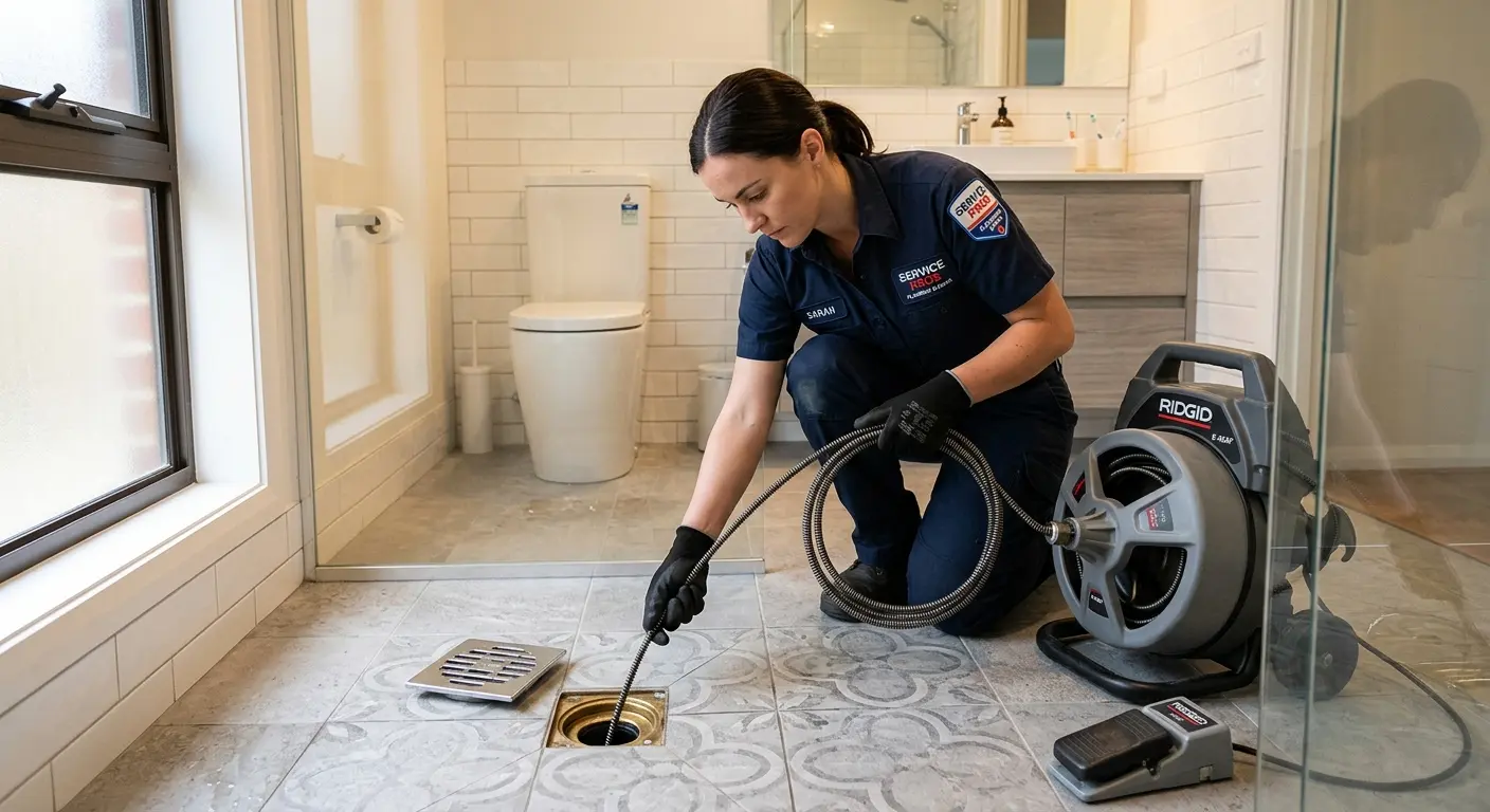 Technician clearing a bathroom floor drain for Sewer Line Replacement in Winooski